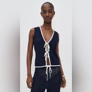 Onia Air Linen Tie Front Knit Tank Top in Noir Navy/Egret